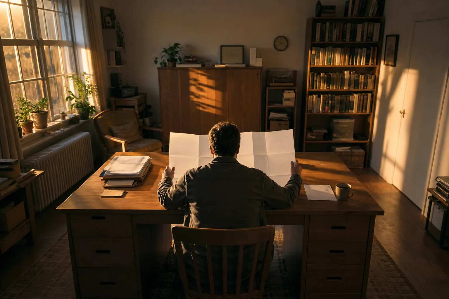A person studies an open, unreadable debt statement at a desk in a warmly sunlit home office.