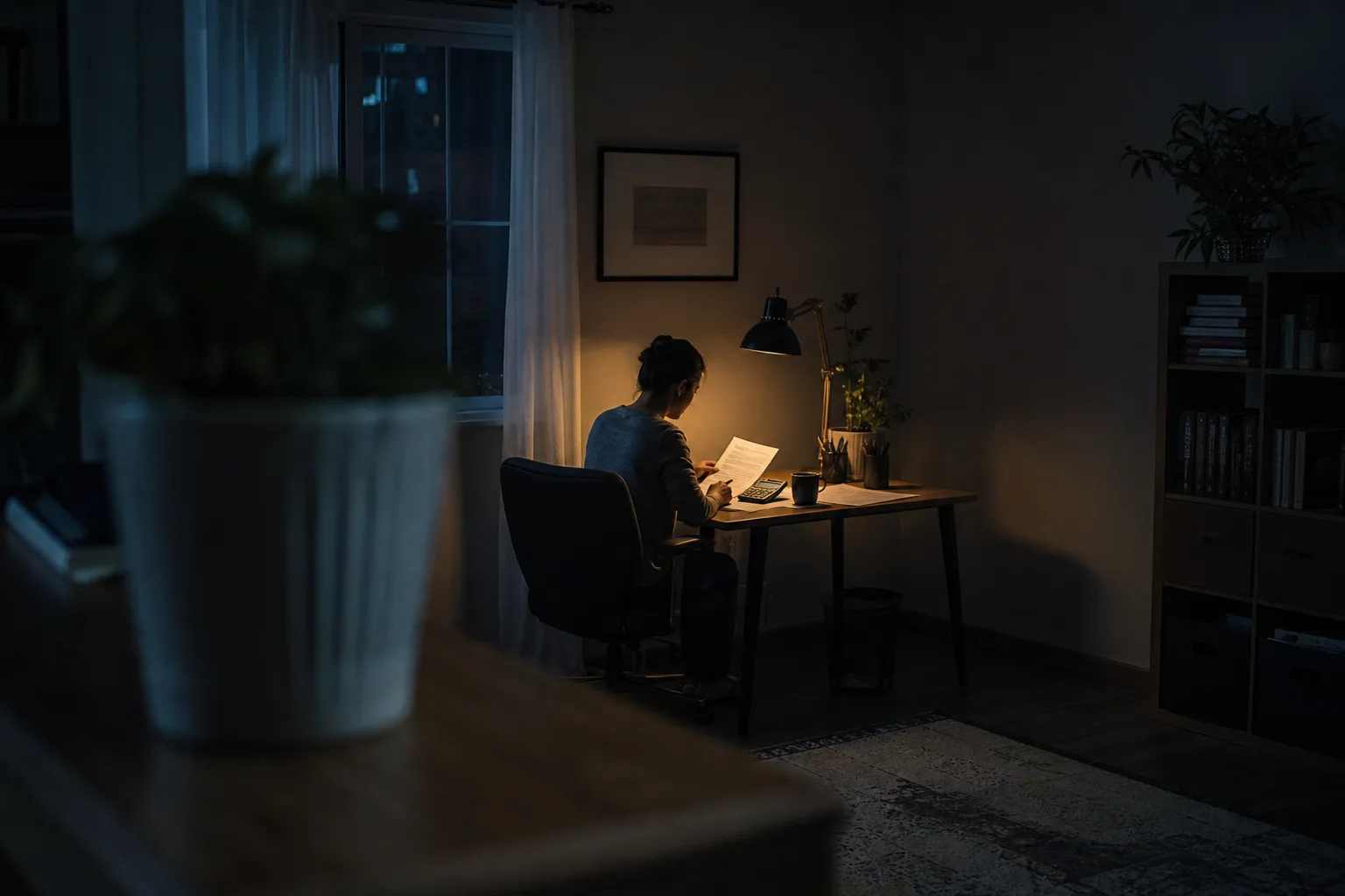 A person audits an unreadable pay stub beside a calculator at a desk in a dim home office.