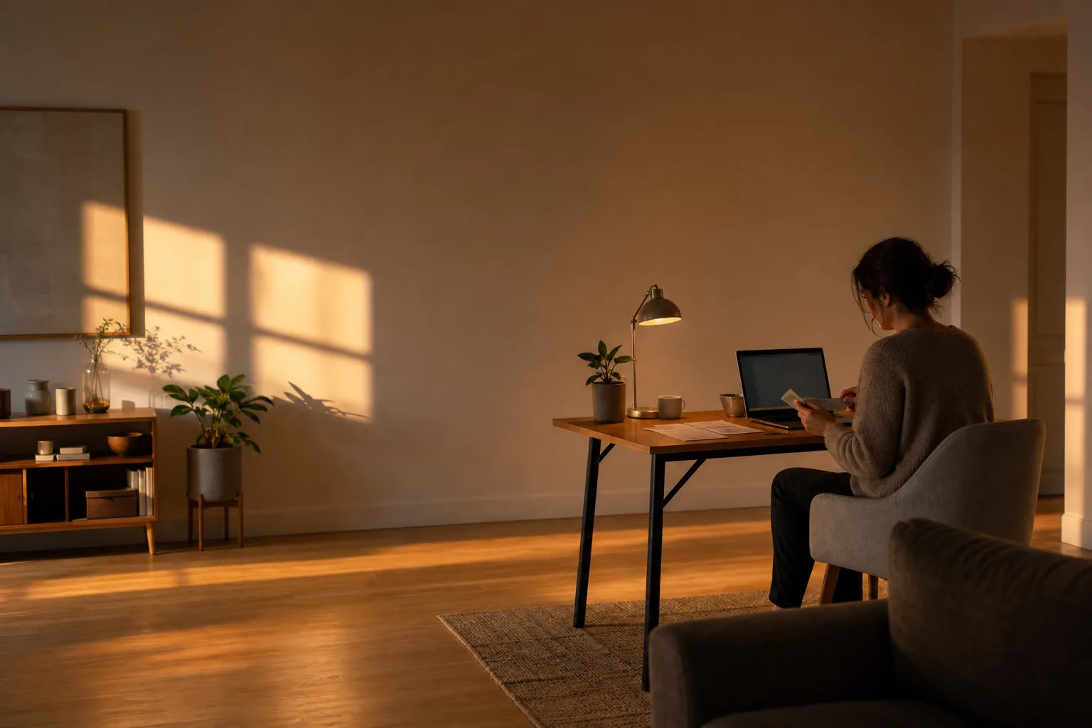 A small figure reconciles two bank accounts at a desk in a home office lit by long golden-hour shadows.