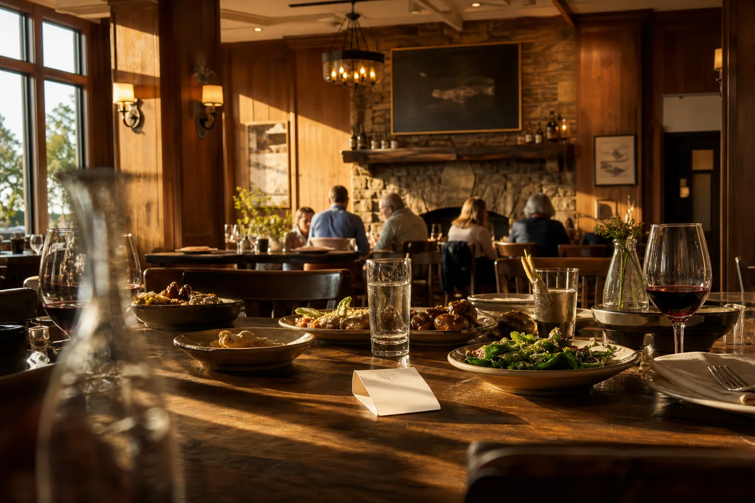 A shared restaurant meal and folded receipt sit on a dining table in warm golden-hour light.