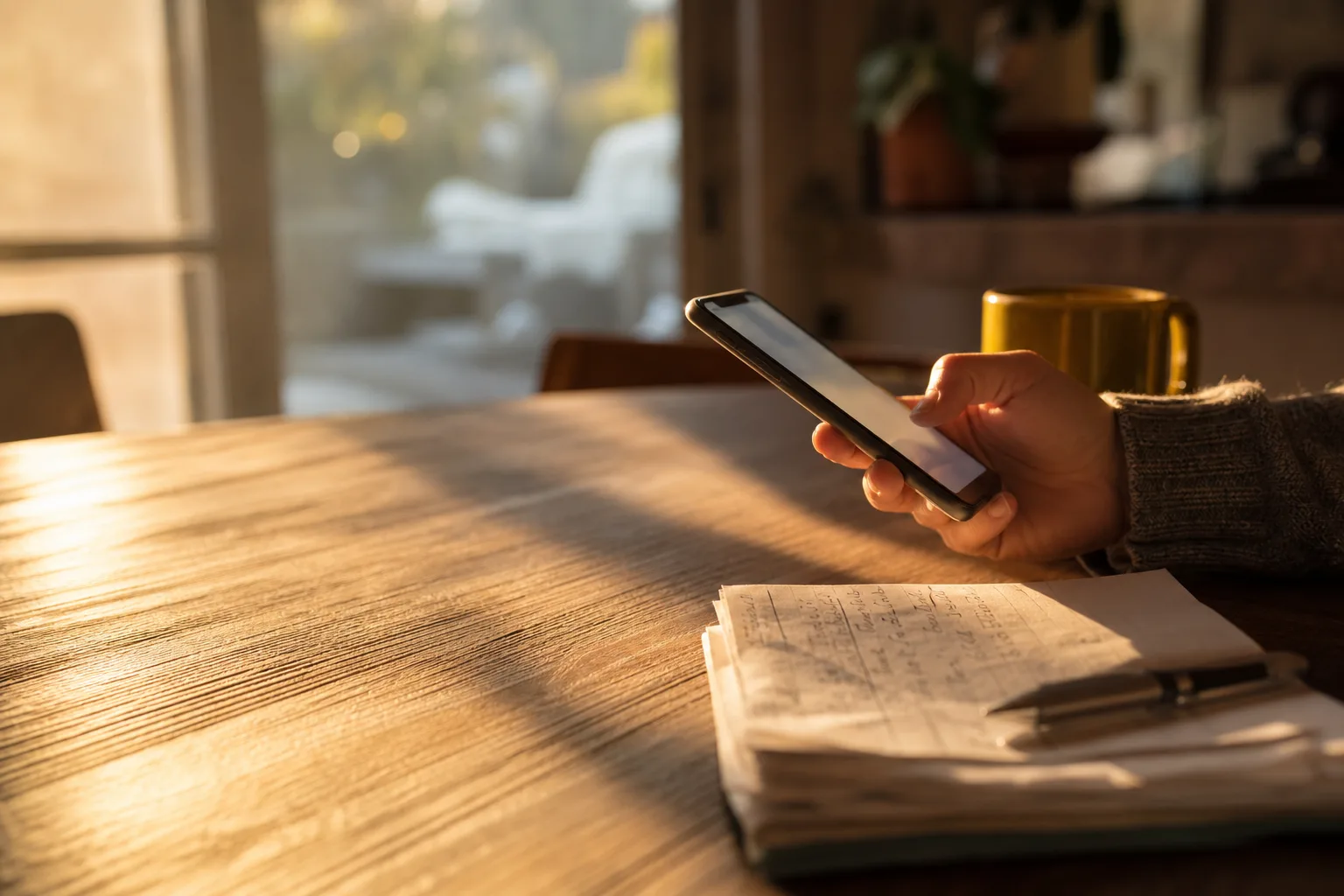 A hand updates a blurred budgeting app on a smartphone beside a paper spending list in warm sunlight.