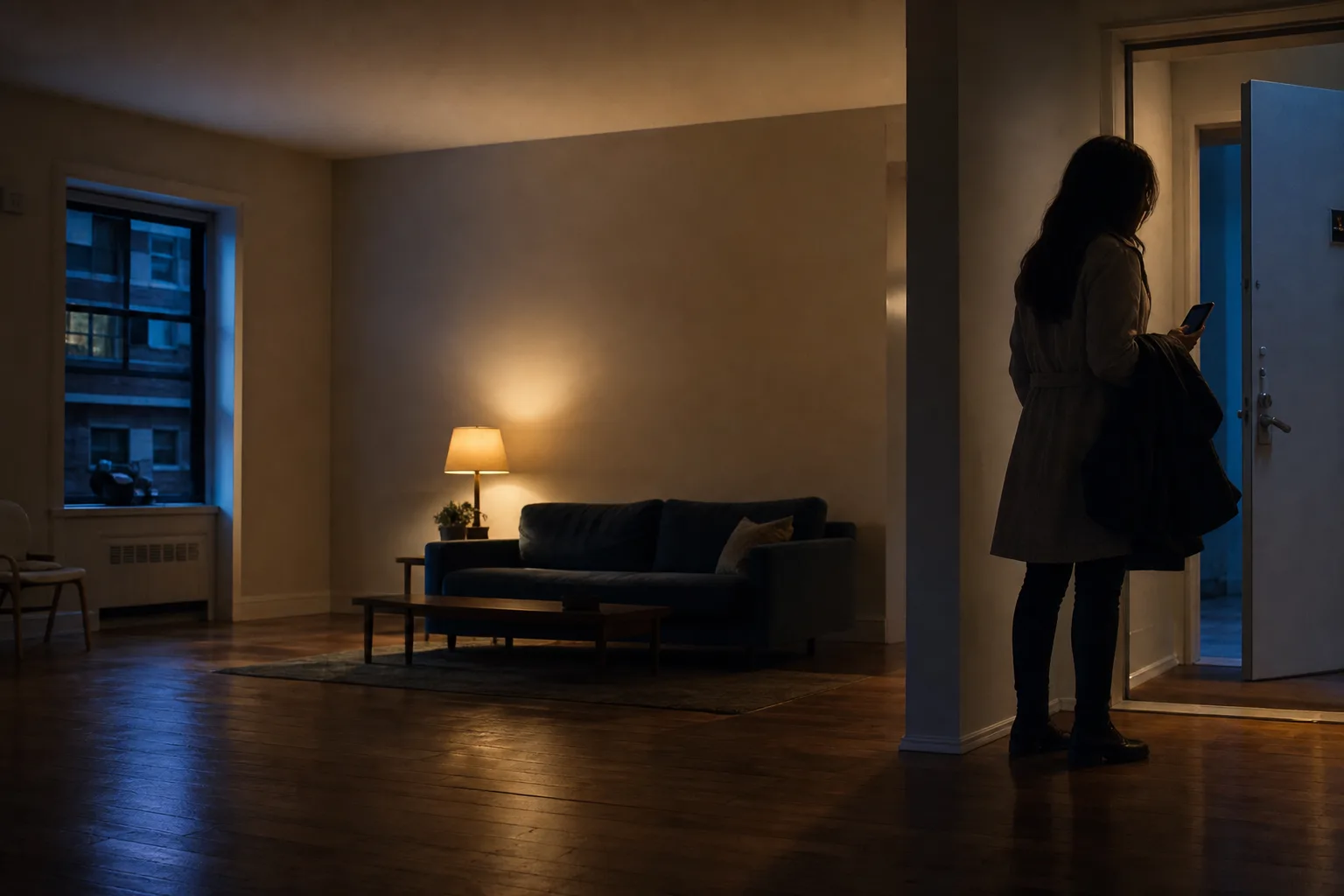 A small figure waits by an apartment doorway at blue evening, lit by a single warm lamp while arranging a rideshare pickup.