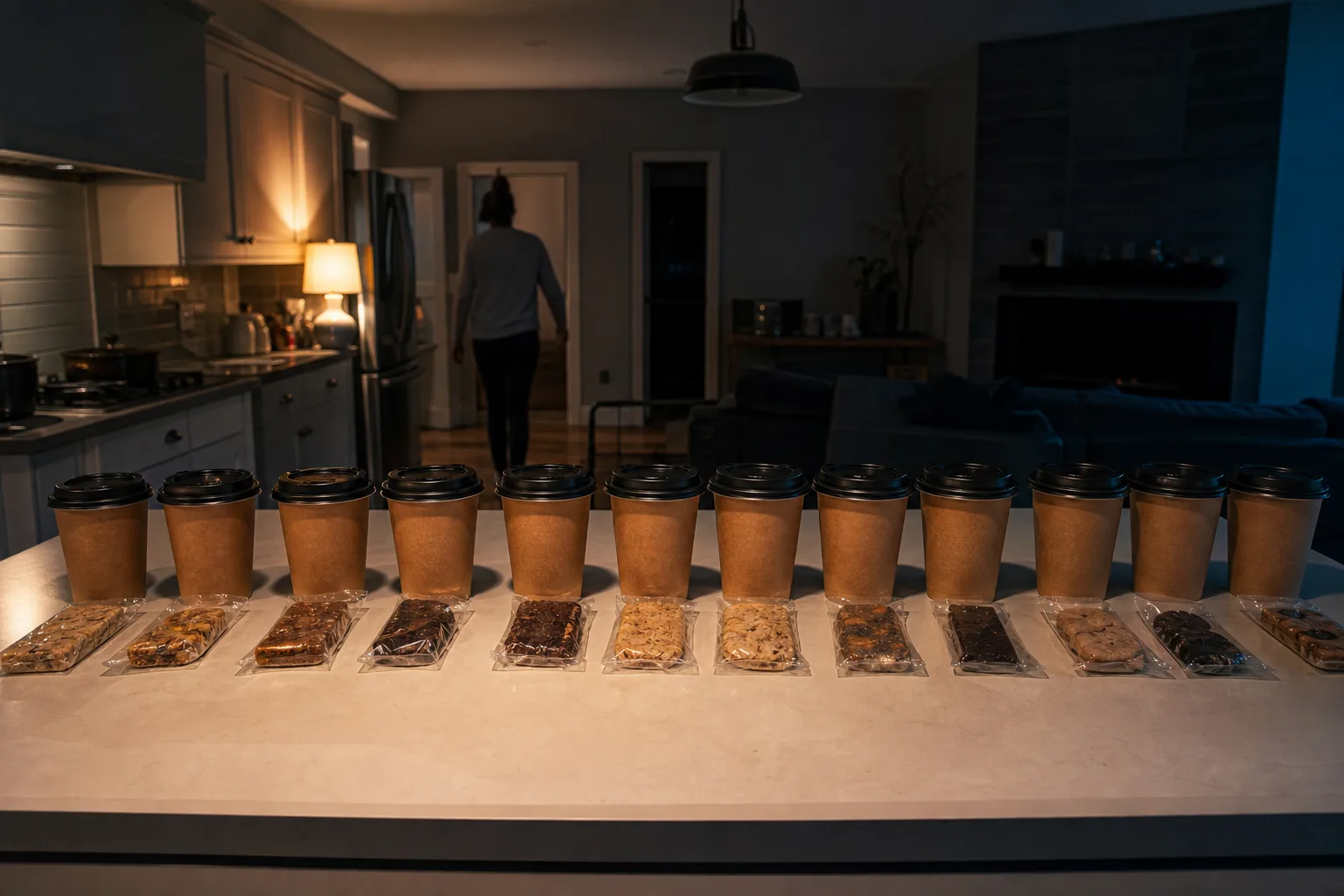 A row of takeaway coffee cups and snack packets stretches across a kitchen island in a dim evening room.