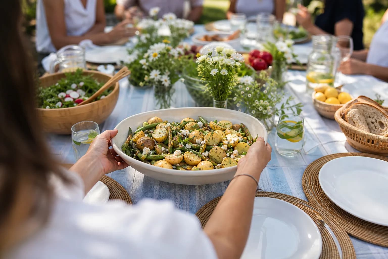 A person places a homemade dish on a shared picnic table while joining a daytime gathering.