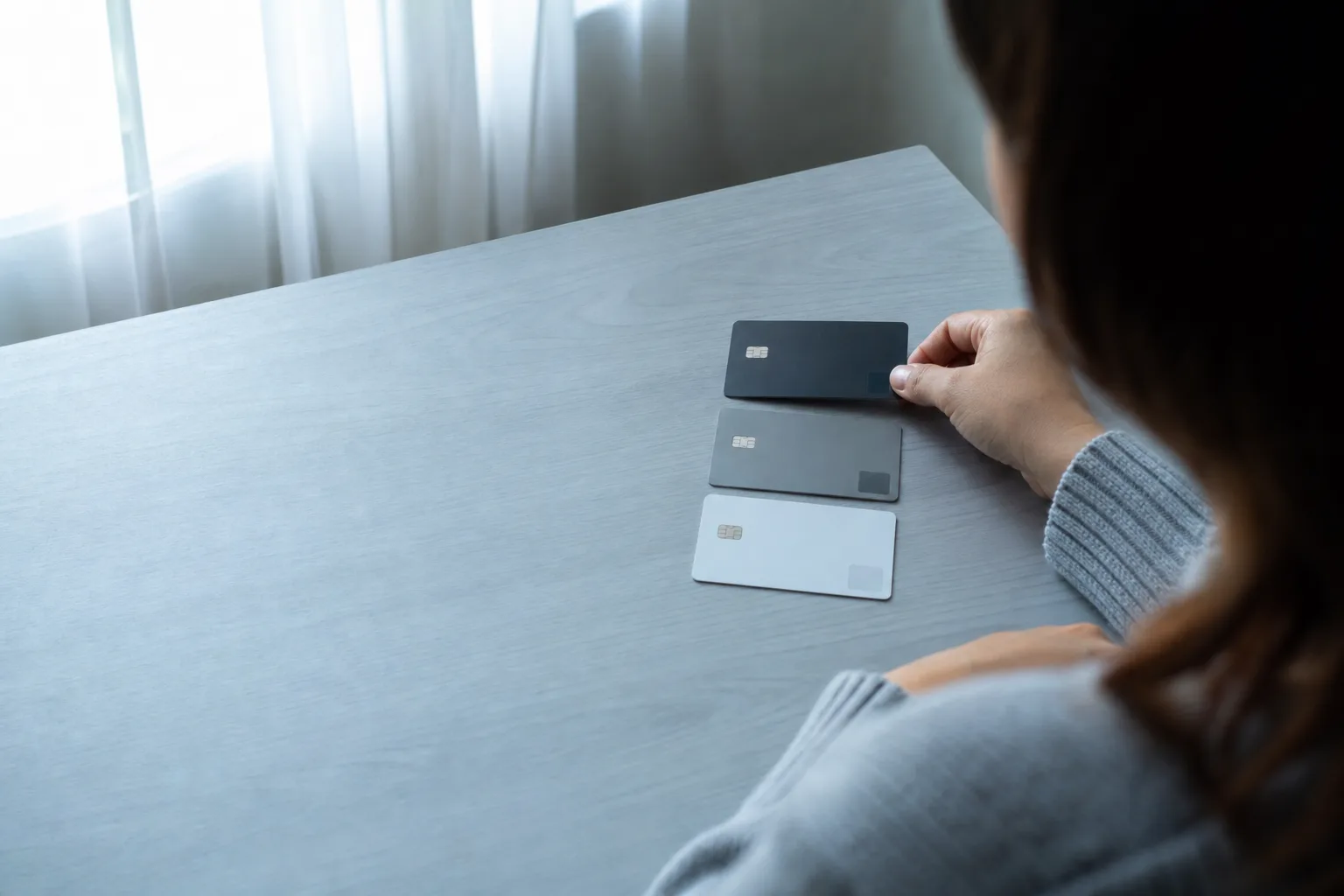 Over-the-shoulder view of three blank credit cards arranged in sequence on a desk in cool morning light.