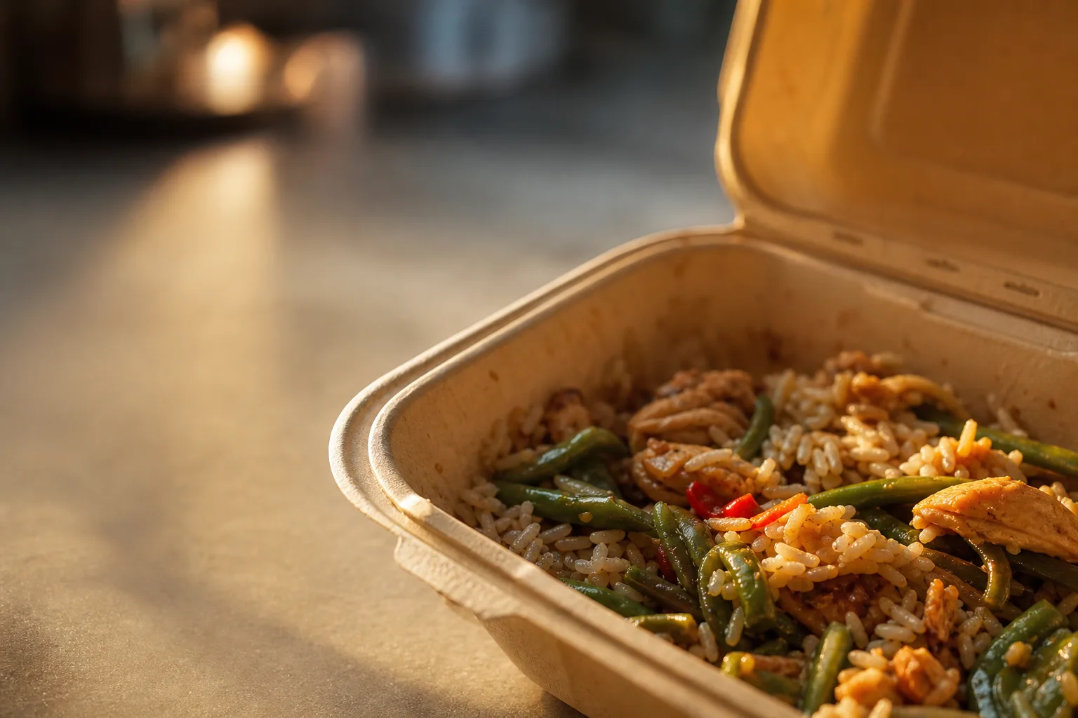 An open takeout container with untouched leftovers sits in warm sunlight on a kitchen counter.