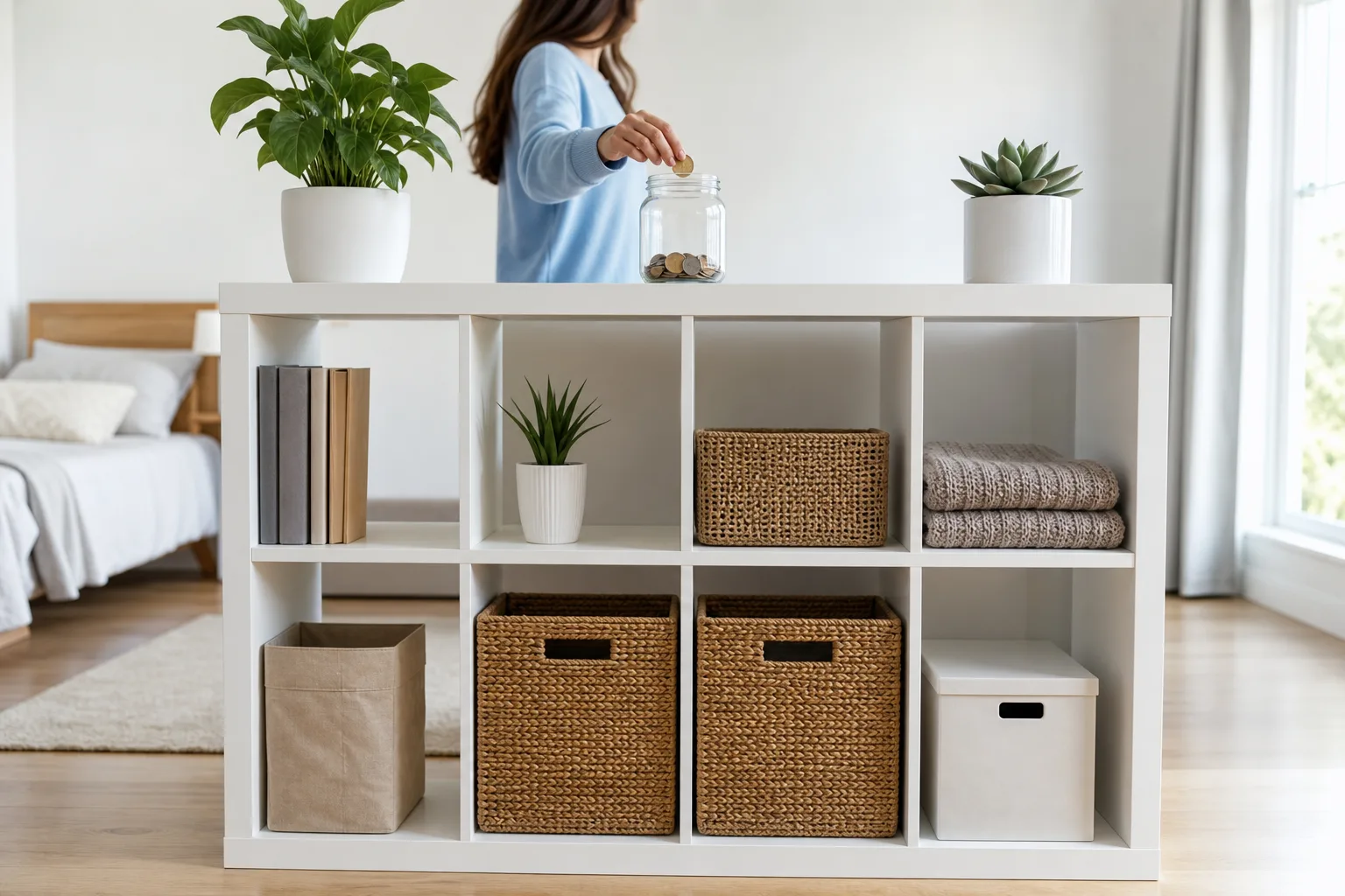 A clear savings jar with a few coins sits centered on a bright bedroom shelf as someone adds one more coin.