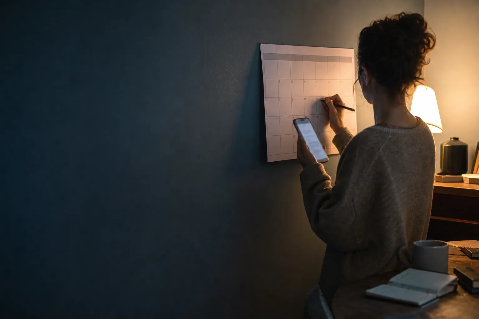 Over-the-shoulder view of a person using a smartphone while organizing a monthly wall calendar in a dim, warmly lit room.