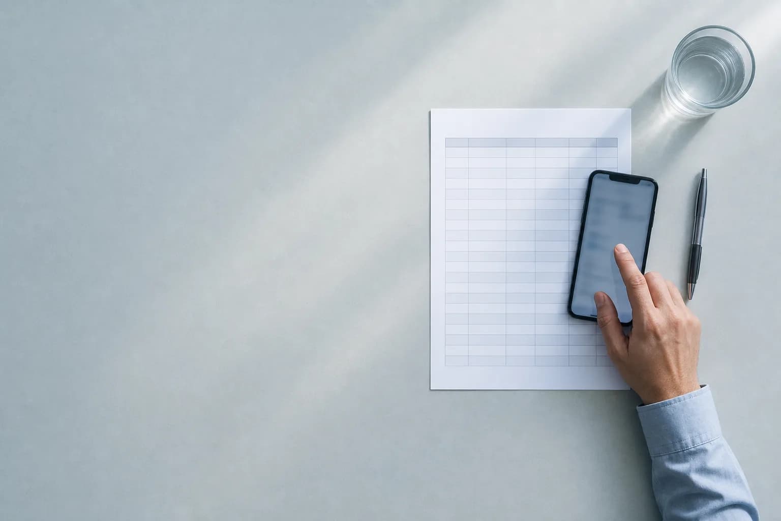 A hand uses a smartphone beside a printed spreadsheet worksheet, arranged on the right side of a cool blue-grey desk with open space to the left.