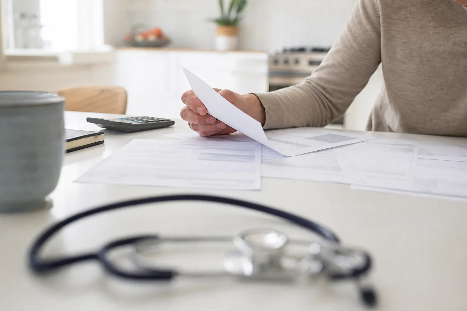 A hand reviews a medical bill beside an insurance statement on a brightly lit kitchen table.