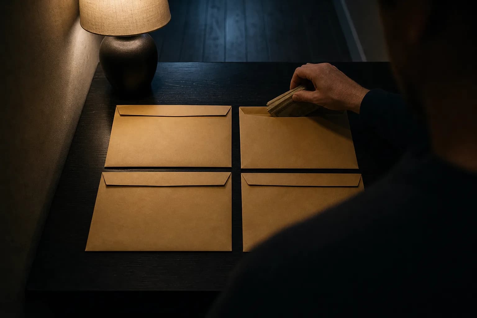 Hands divide a windfall into four plain envelopes on a hallway table under a warm evening lamp.