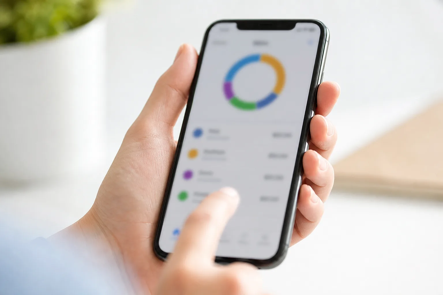 A hand holds a smartphone with a softly blurred budgeting app screen in bright daylight.