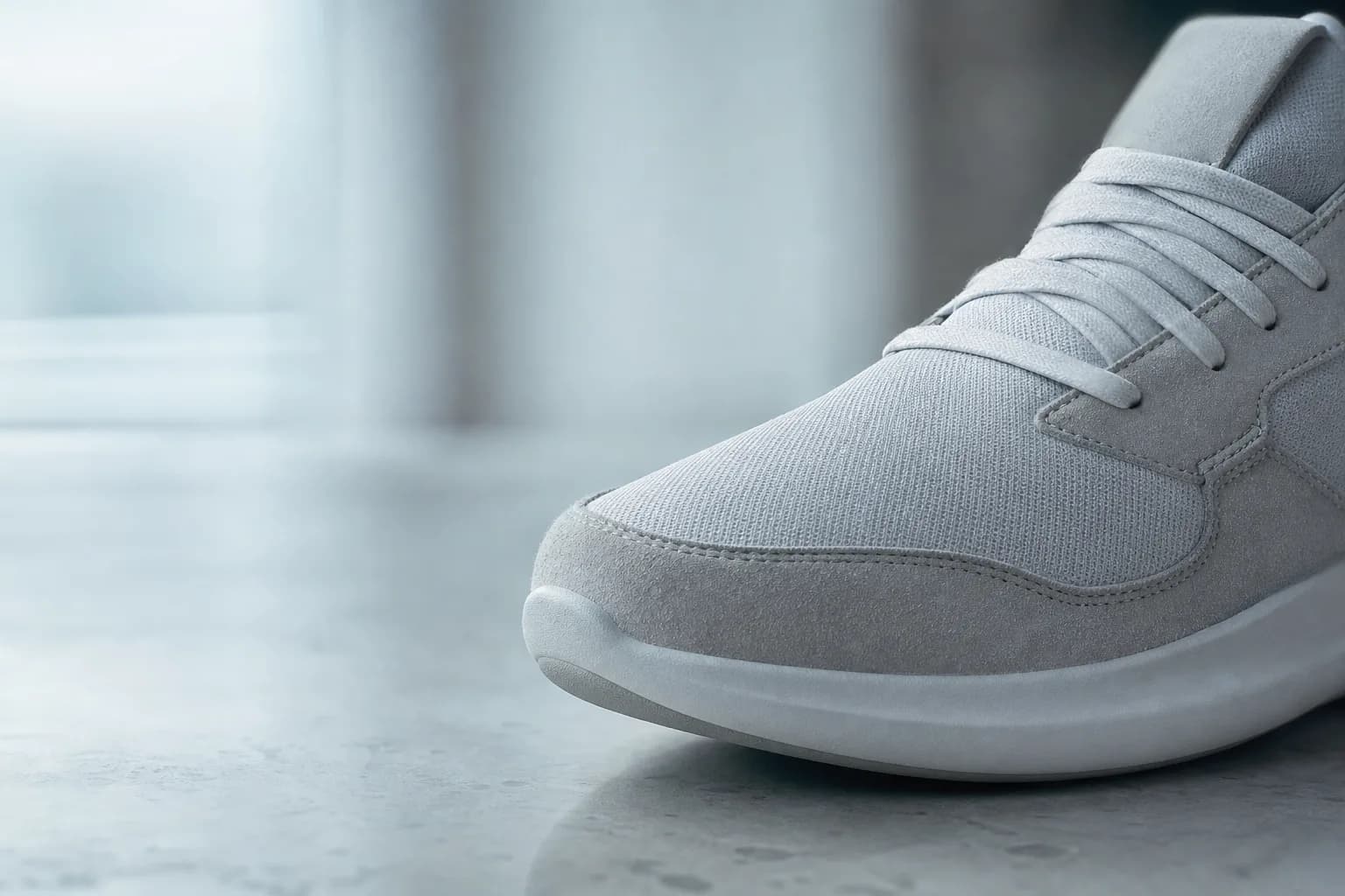 A pristine premium sneaker sits alone on a bedroom floor in cool morning light.