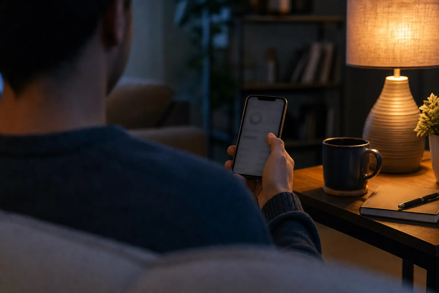 Over-the-shoulder view of a person checking a dimmed smartphone beside a warm lamp in a blue evening living room.
