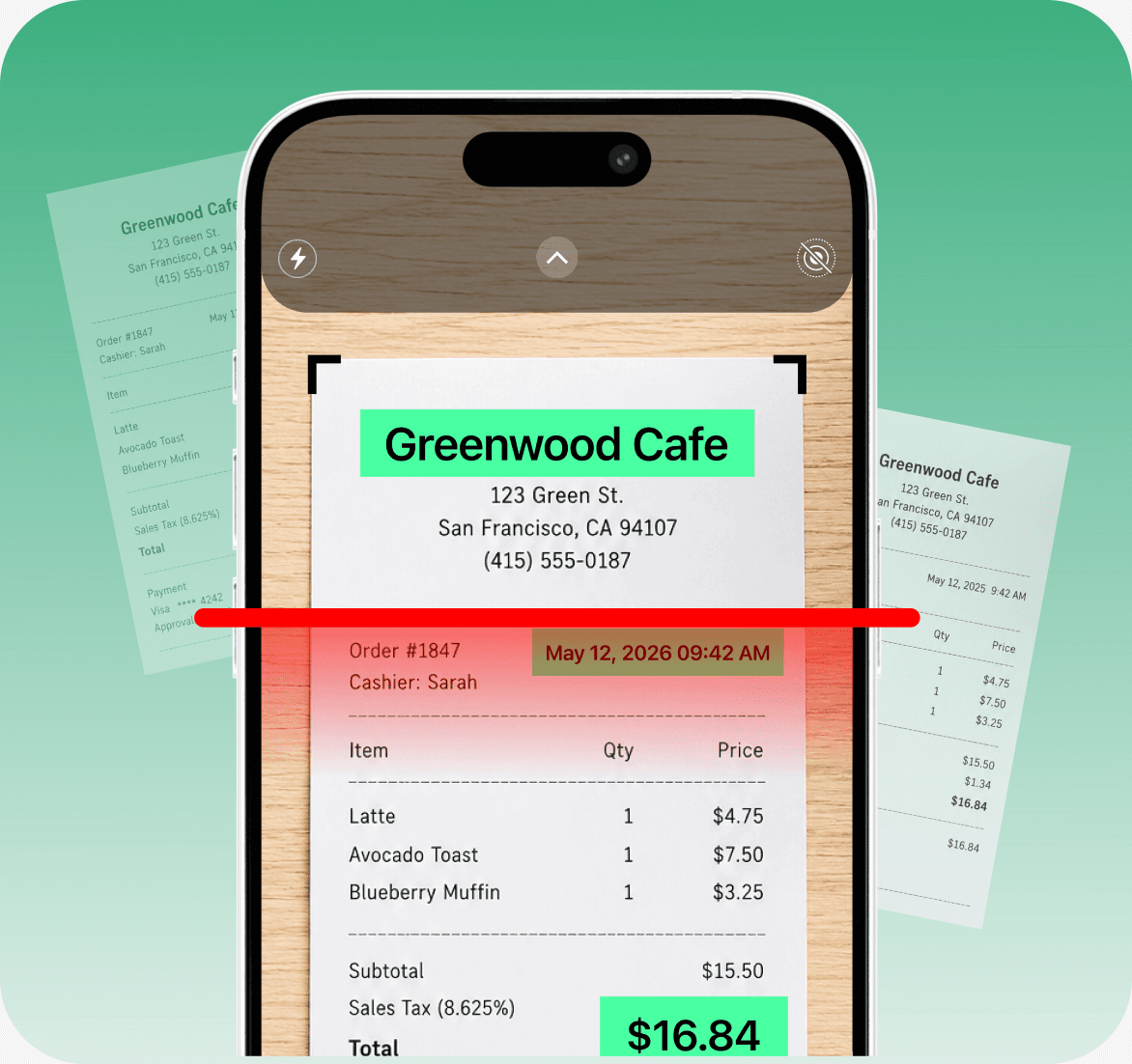 A receipt from Greenwood Cafe being scanned by the Brightly Budget camera