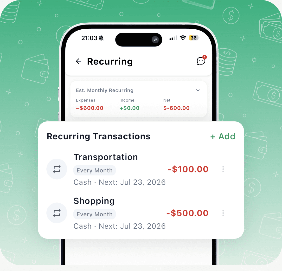 Brightly Budget recurring transactions screen showing estimated monthly cash flow