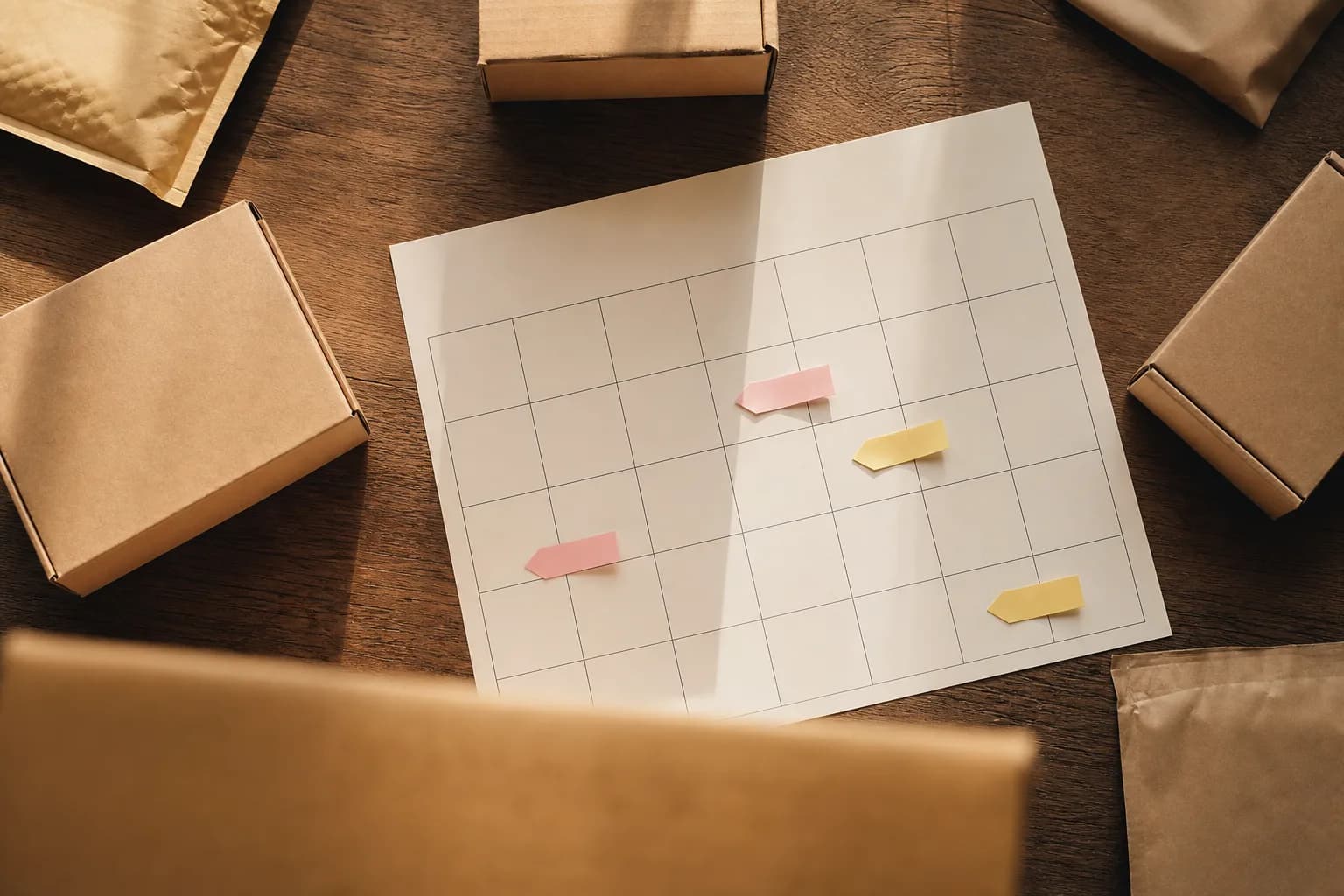 A blank payment calendar and small unbranded parcels arranged in warm golden sunlight, with one blurred parcel in the foreground.