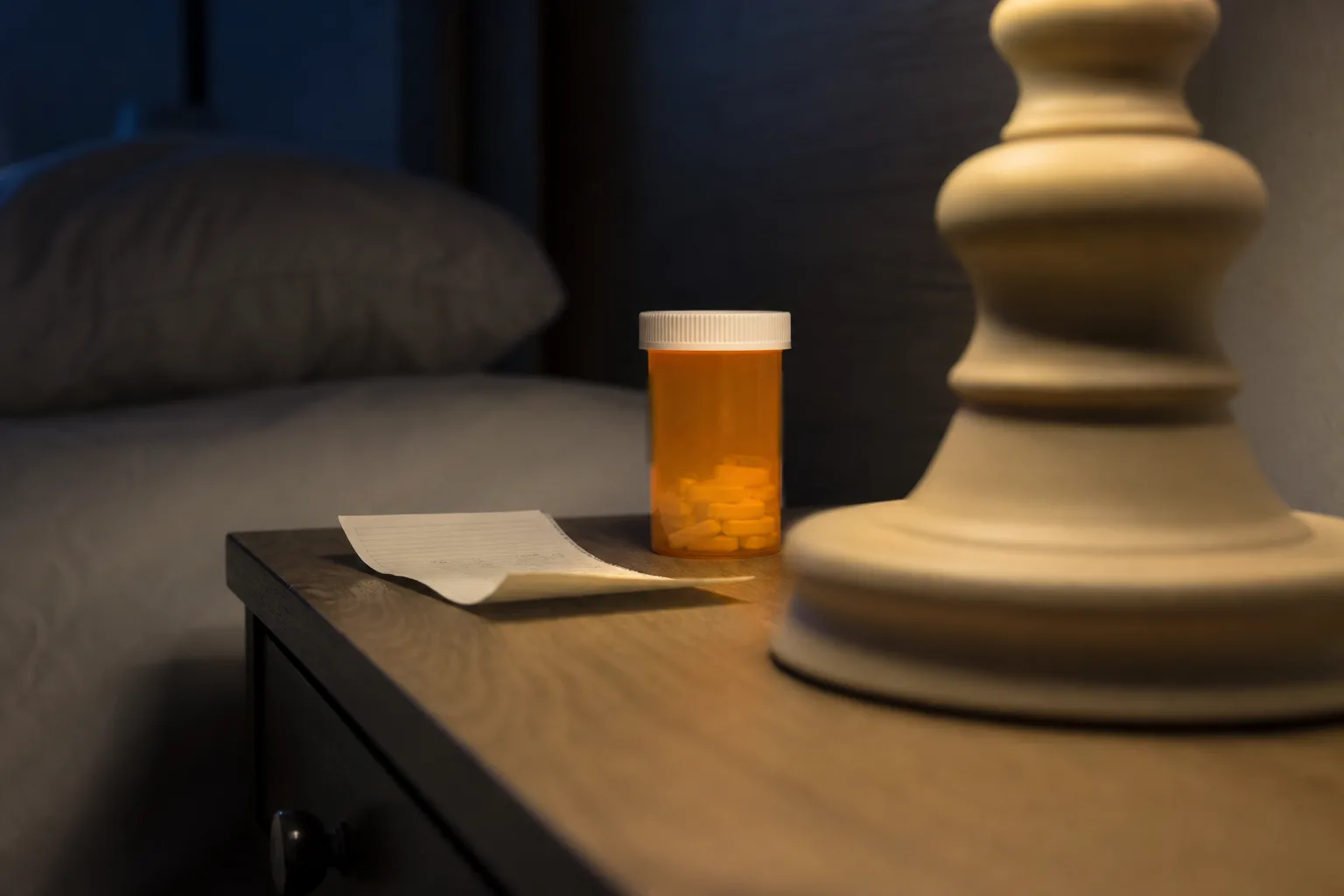 A prescription bottle and copay receipt sit on a bedside table in contrasting blue evening and warm lamp light.