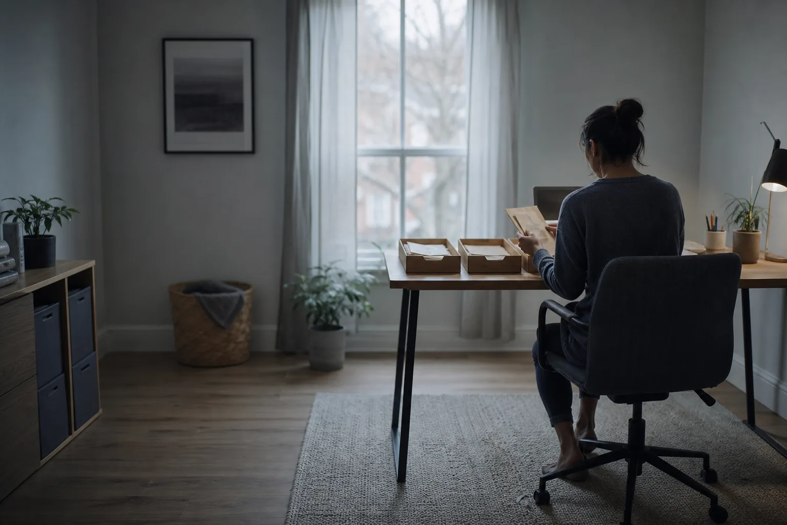 A freelancer sorts uneven cash envelopes into three trays in a softly lit home office.