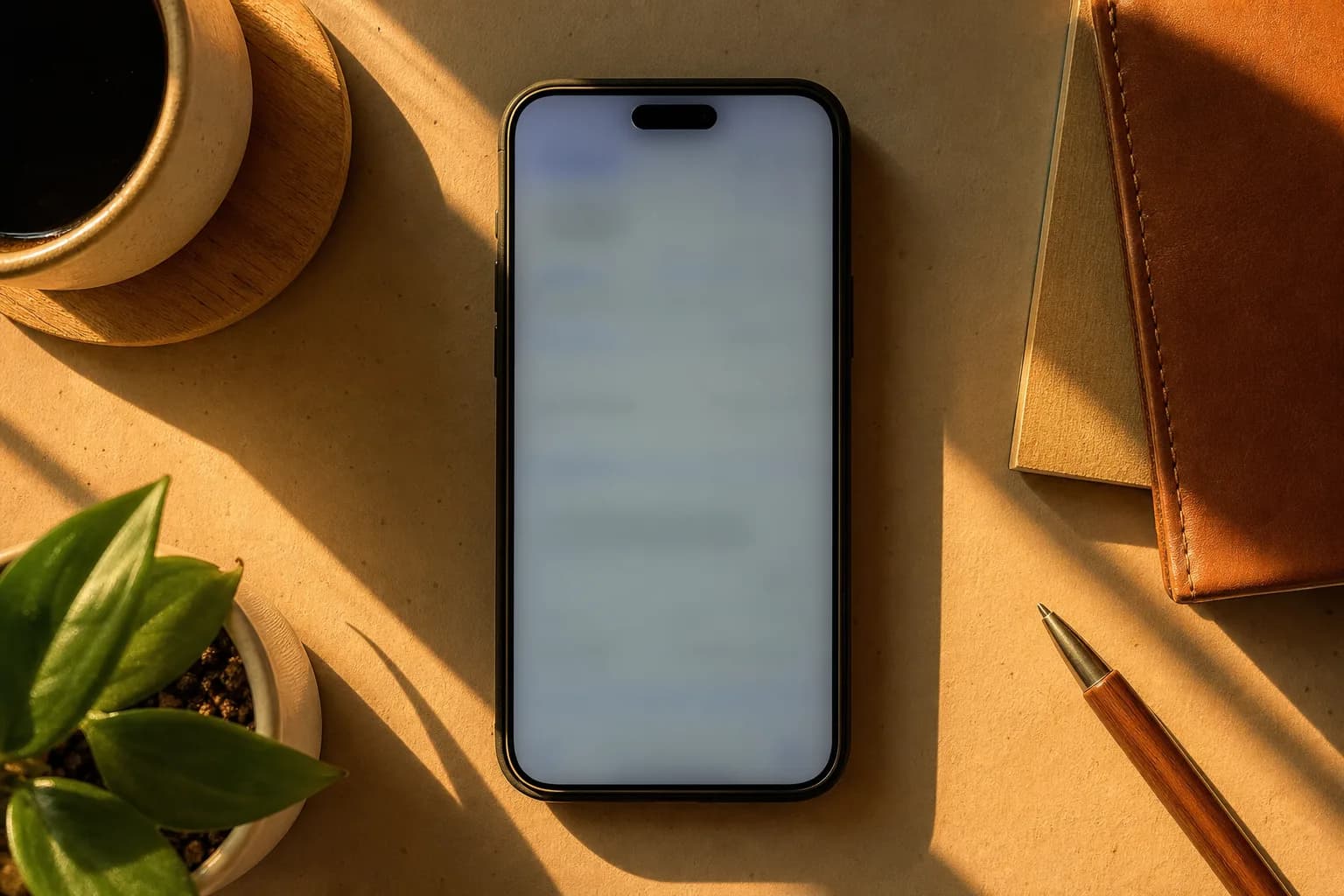 A smartphone with a softly blurred banking screen lies centered on a tabletop in warm, low golden-hour sunlight.