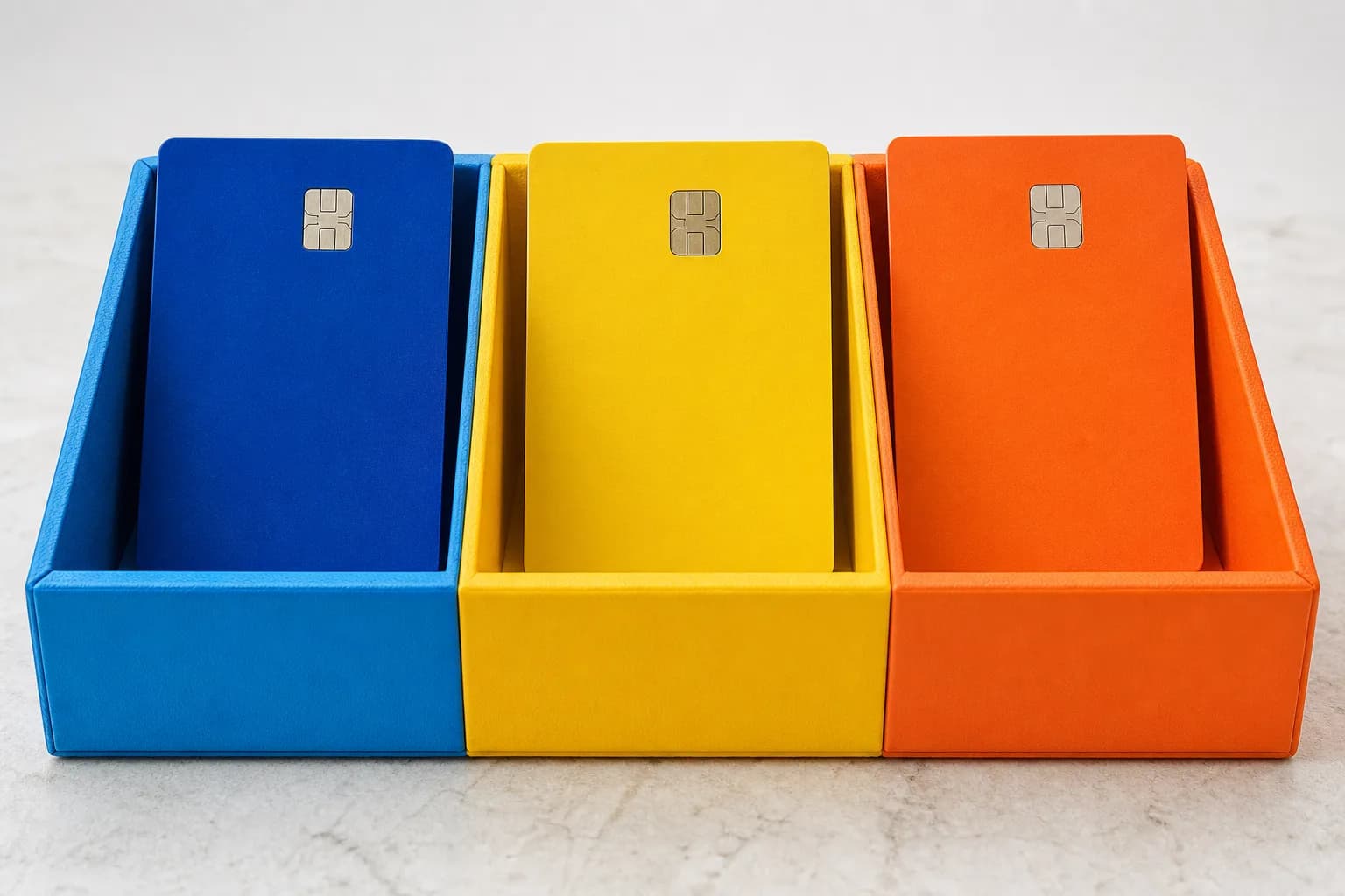 Three plain debit cards sit in separate colorful compartments of a tabletop organizer.