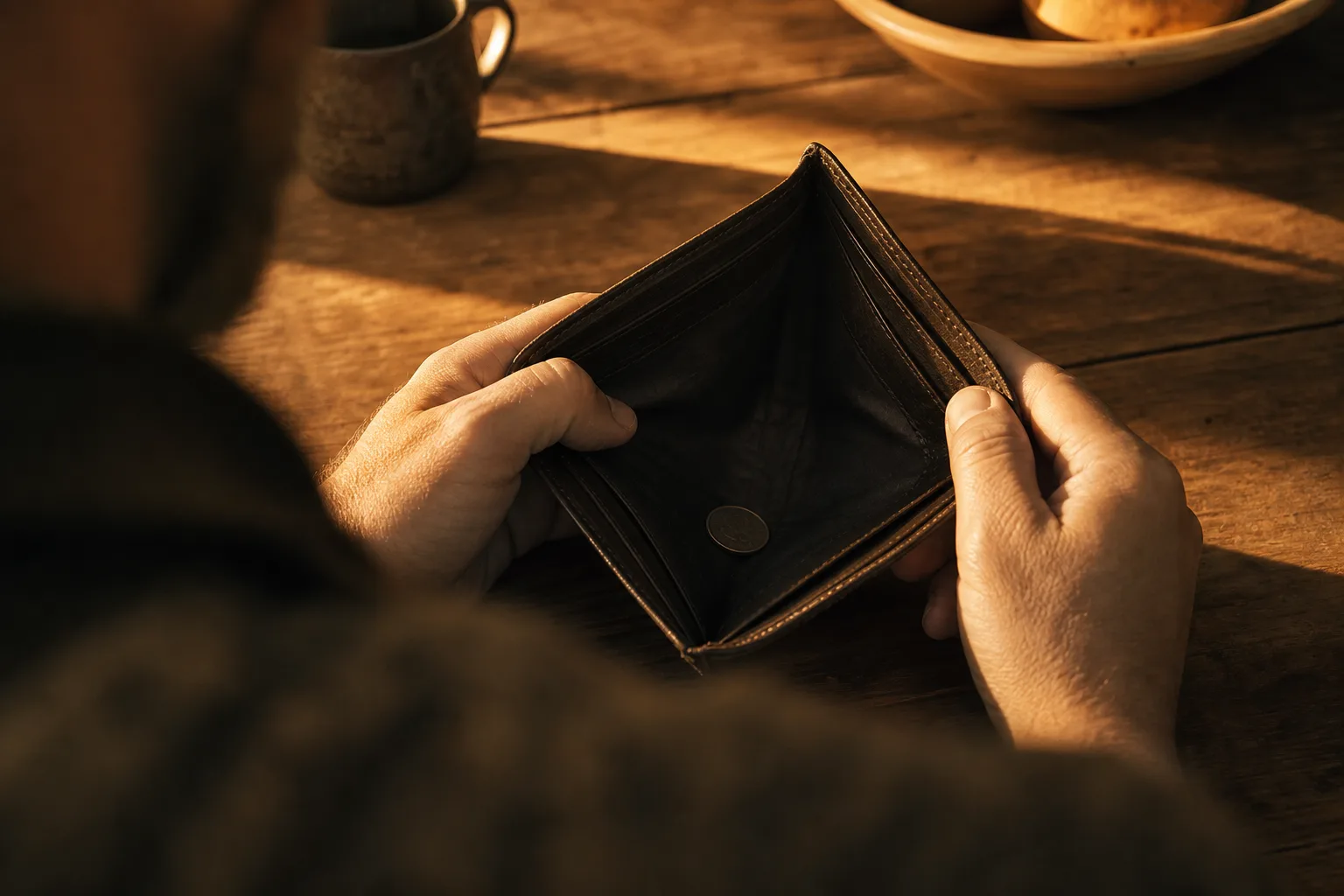 Over-the-shoulder view of a nearly empty wallet with one coin on a kitchen table in warm golden-hour light.