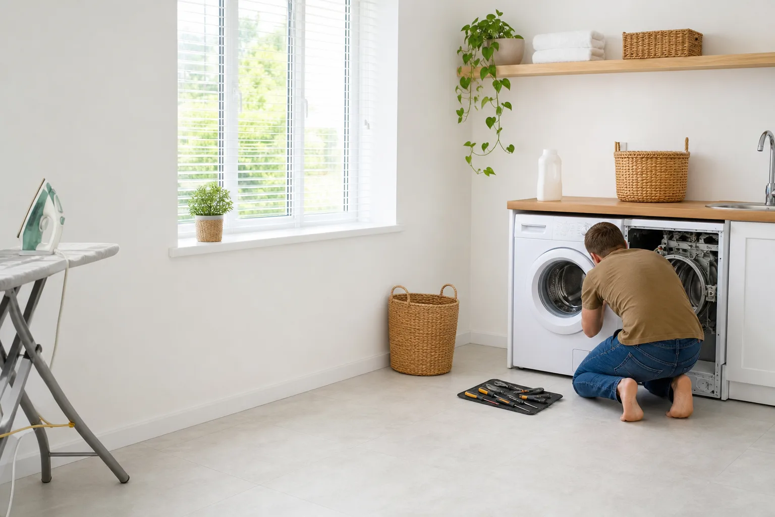 A person inspects an open washing machine beside repair tools in a bright laundry room.
