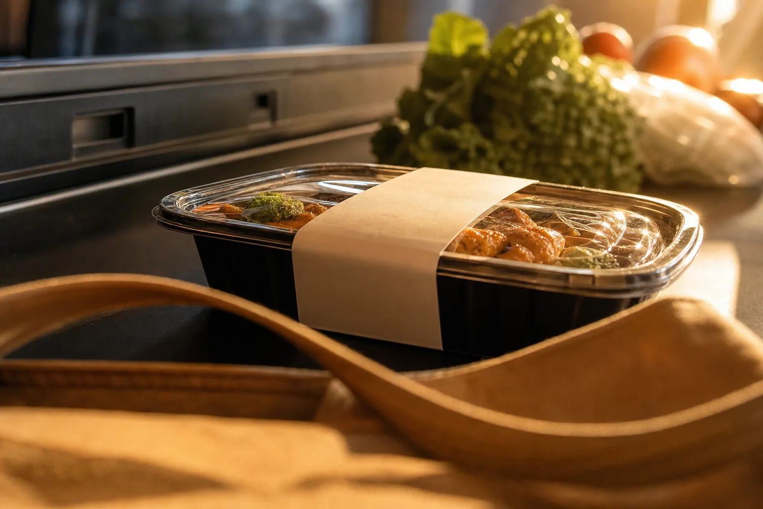 A sealed ready-to-eat meal rests sharply in focus on a supermarket checkout conveyor in warm golden light.