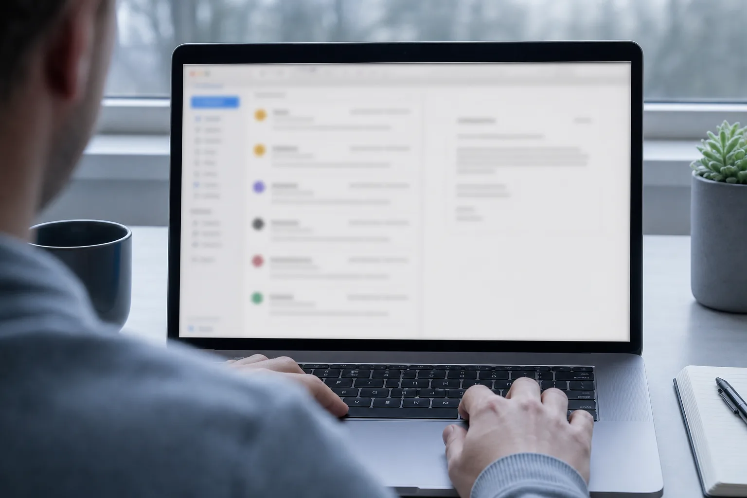 Over-the-shoulder view of a person reviewing a softly blurred email inbox on a laptop in cool morning light.