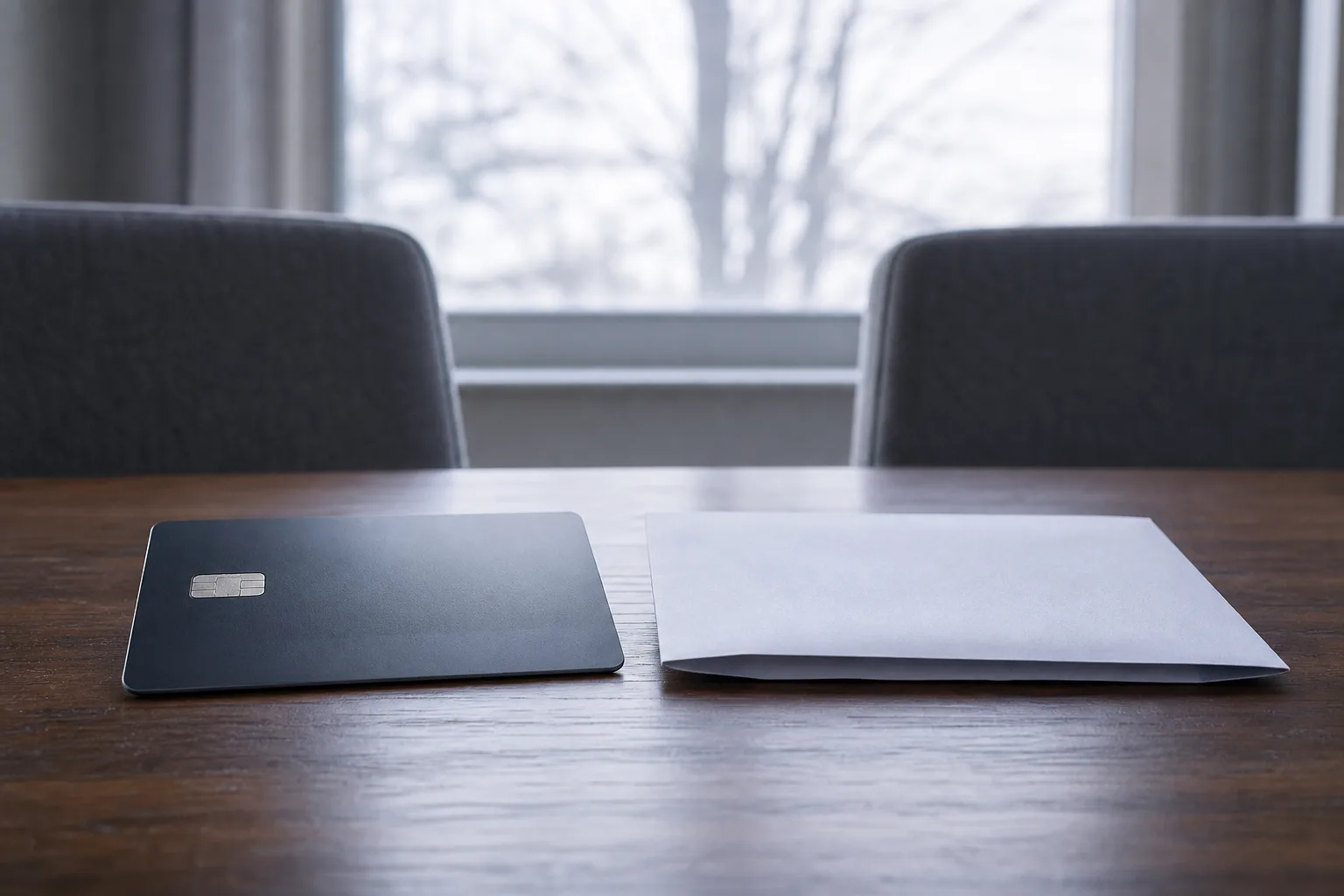 An unbranded credit card rests beside an unopened billing envelope on a dining table in cool morning light.