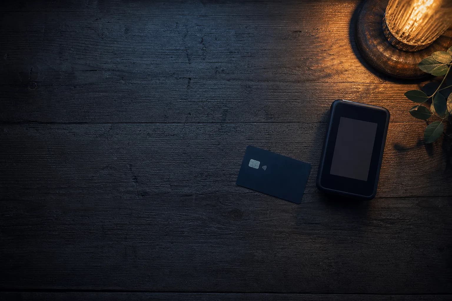 A contactless debit card rests beside a payment terminal in dramatic evening light.