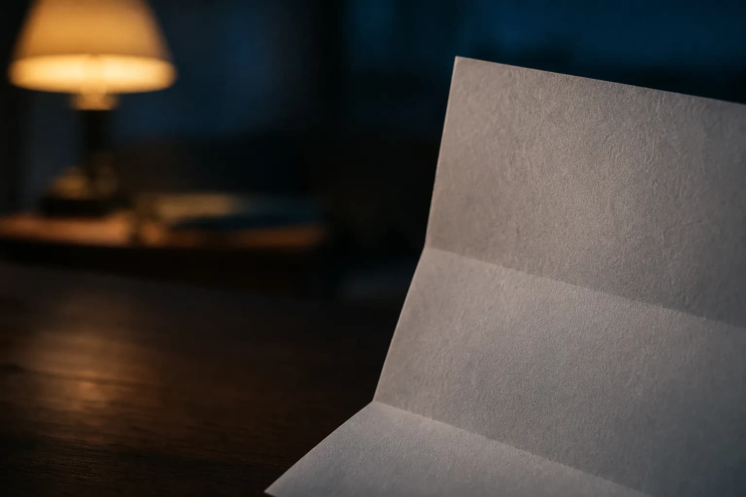 Tight close-up of an opened debt statement in warm lamp light against a dim blue evening background.