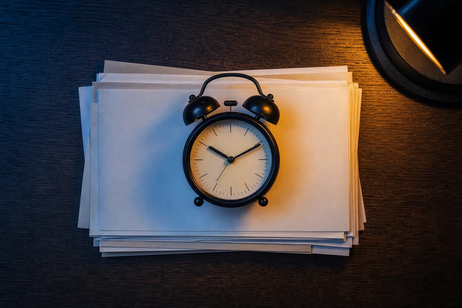 An alarm clock beside a neatly stacked bundle of blank bill papers on a dark tabletop.