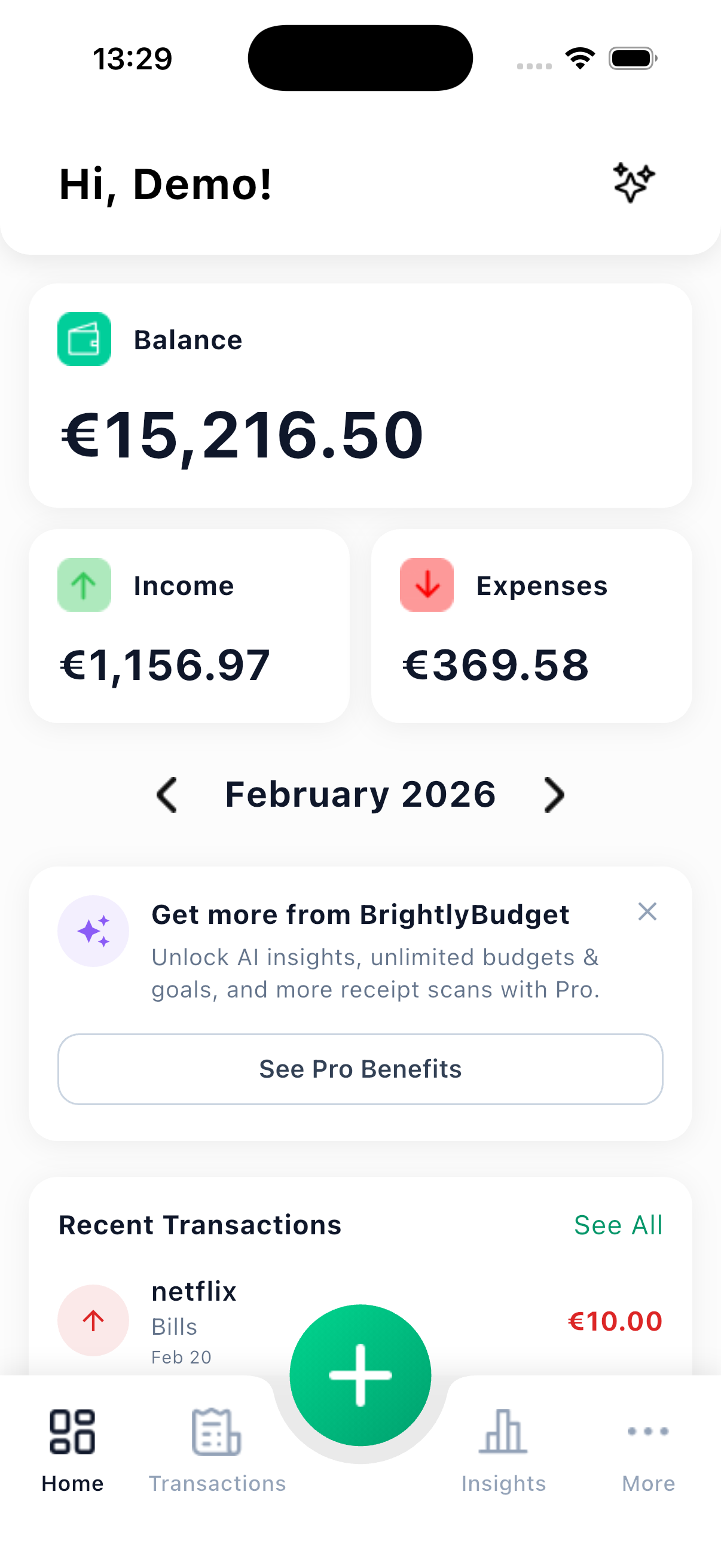 Brightly Budget Home Screen